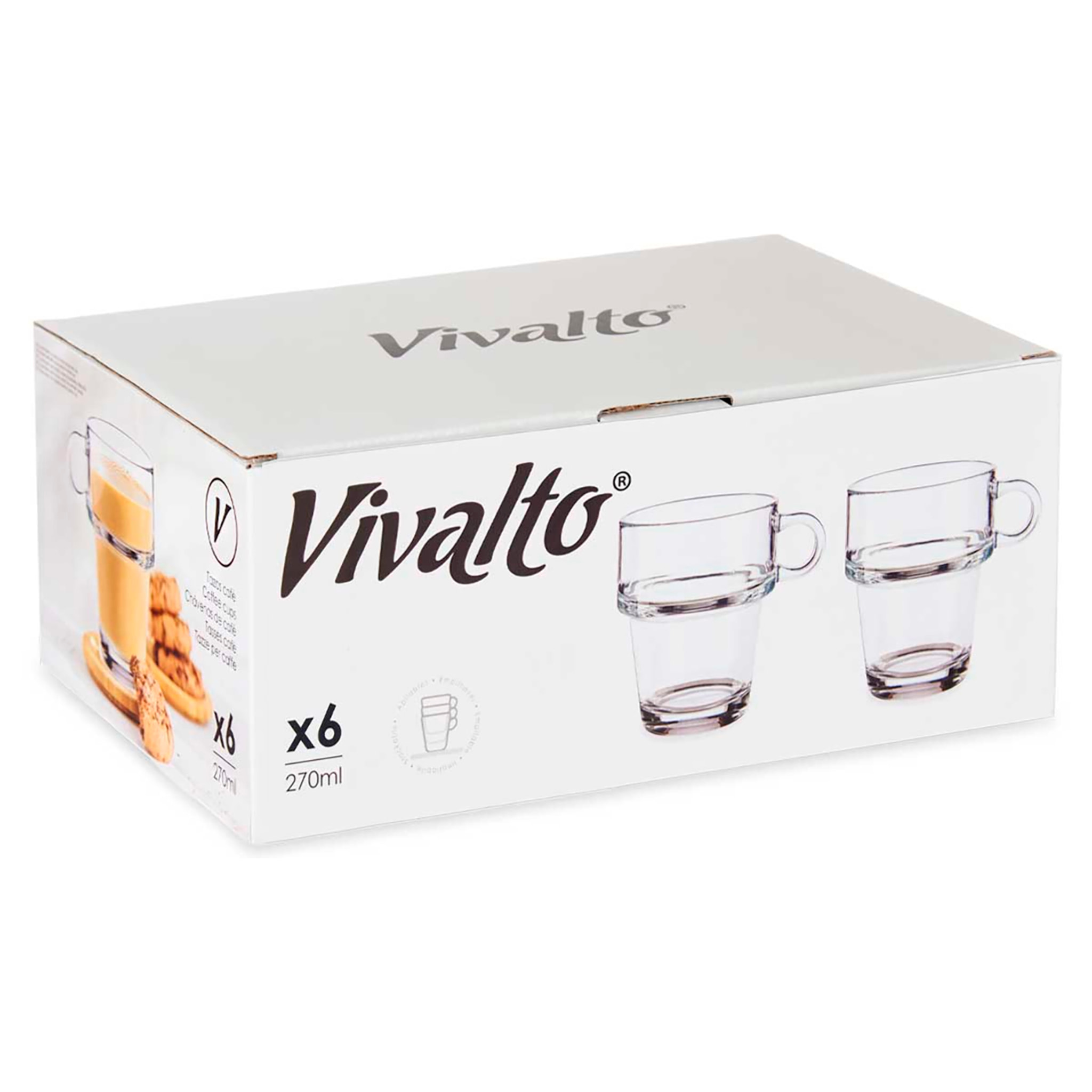 PACK 6 TAZZE IN VETRO IMPILABILI 270 ML CON MANICO