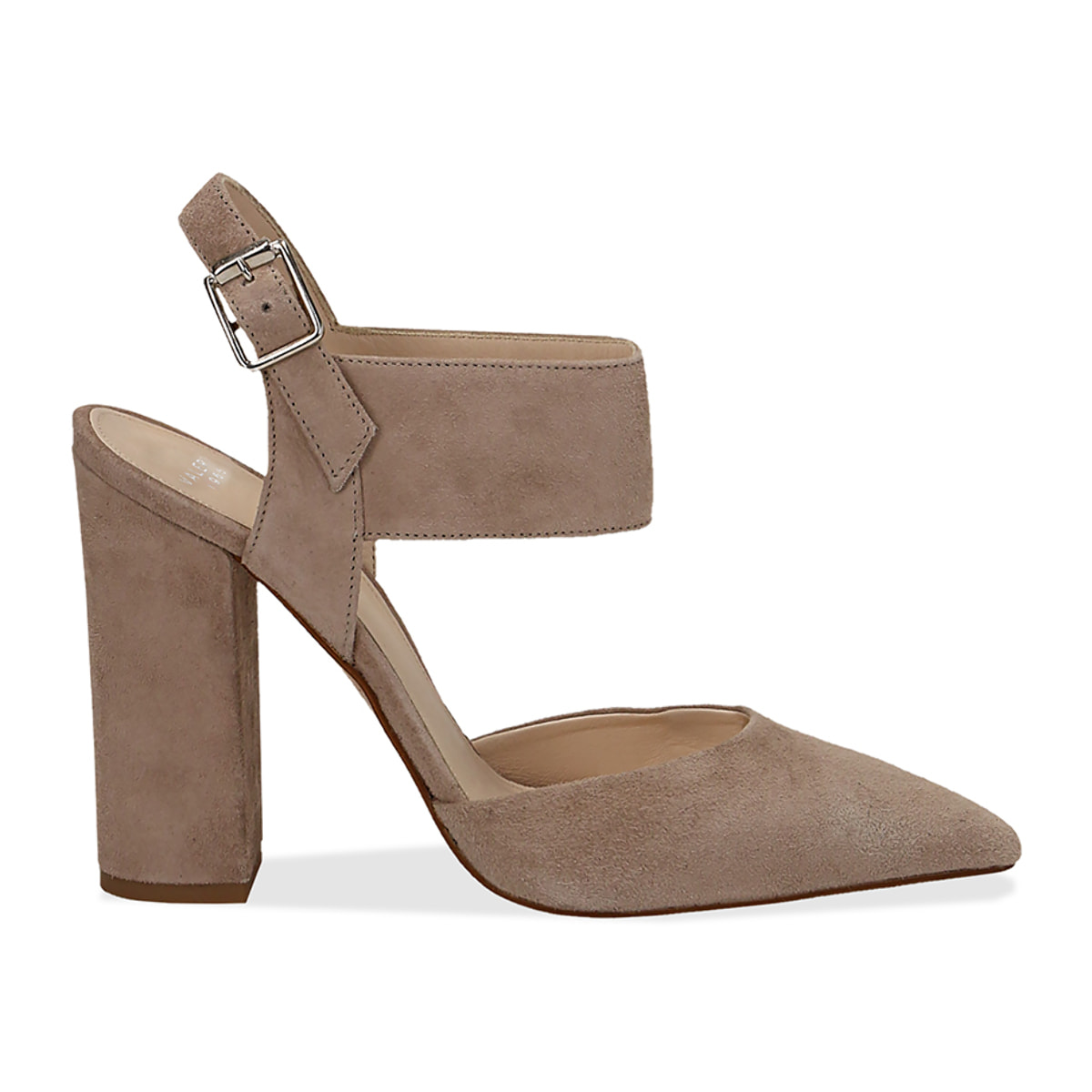 Slingback taupe in camoscio con maxi-fascia, tacco 10,50 cm