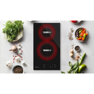EVVO Placa Vitrocerámica 2 zonas de cocinado V30, Potencia máxima 3.000W, 9 niveles, máx diámetro 18 cm, control táctil, indicador de calor