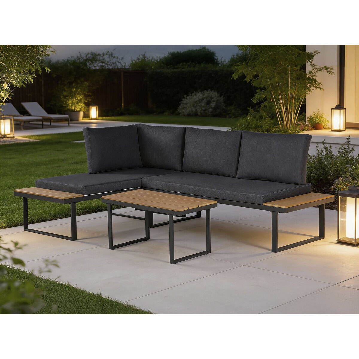 Salon de jardin canapé d'angle décor imitation bois "Liora" - 4 places - Gris