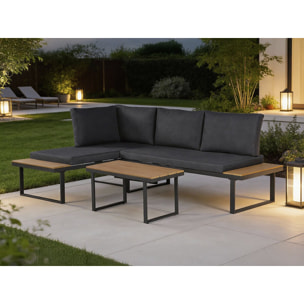 Salon de jardin canapé d'angle décor imitation bois "Liora" - 4 places - Gris