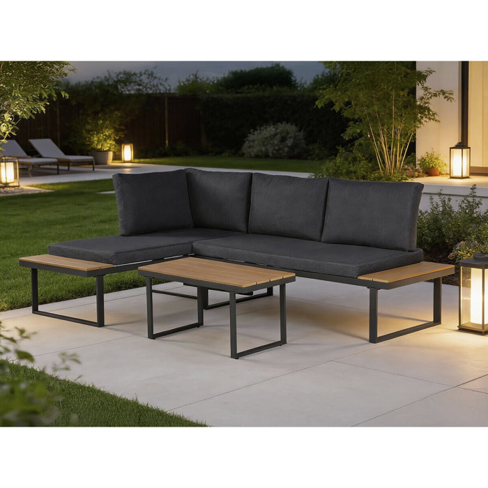 Salon de jardin canapé d'angle décor imitation bois "Liora" - 4 places - Gris