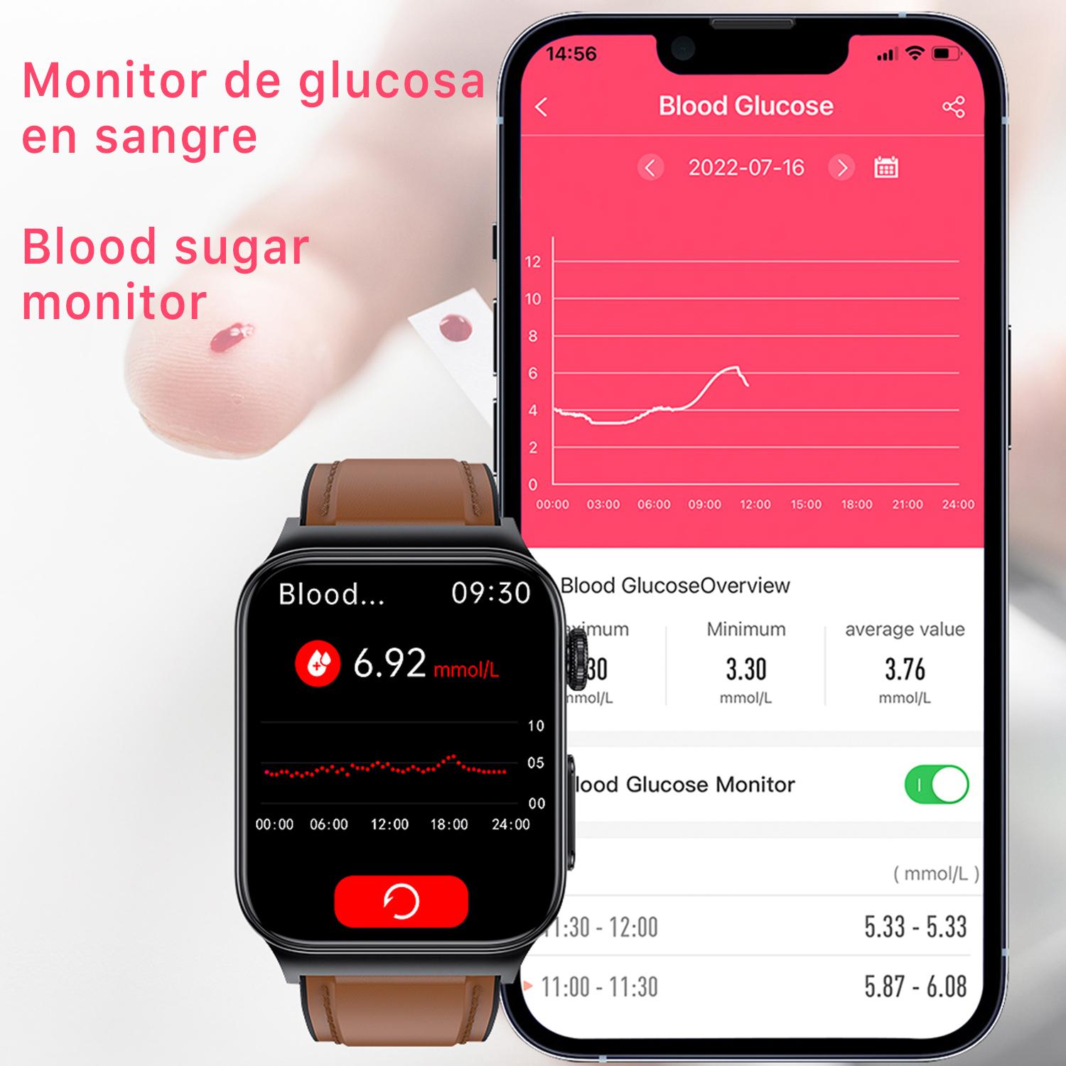 Smartwatch E500 con rilevamento della glicemia, pressione sanguigna e monitor O2. ECG con misurazione del torace. Schermo 1.8.