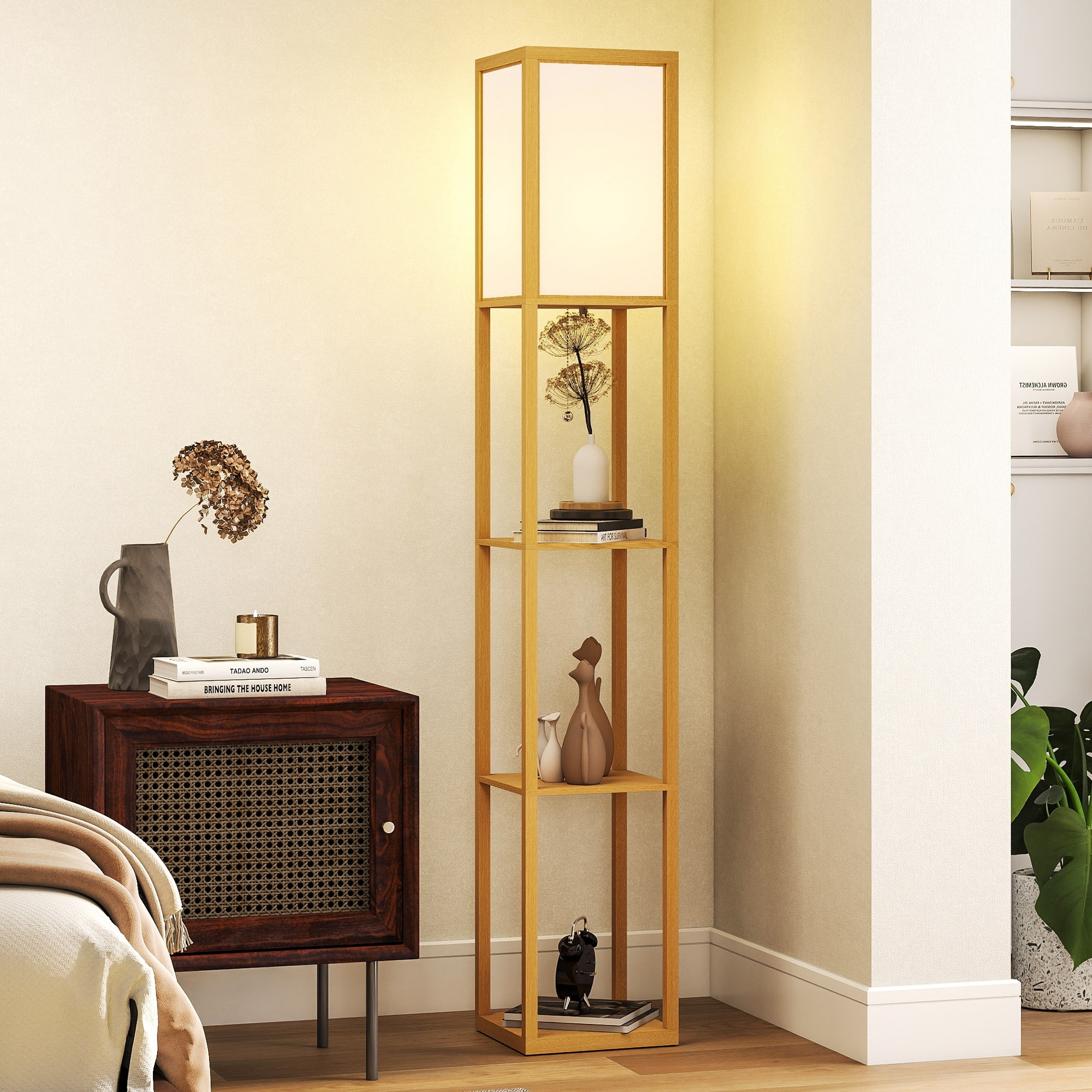 Lámpara de Pie con Estantes de Almacenaje, Lámpara de Madera Moderna, Bombilla E27, para Salón, Dormitorio, Oficina, Natural