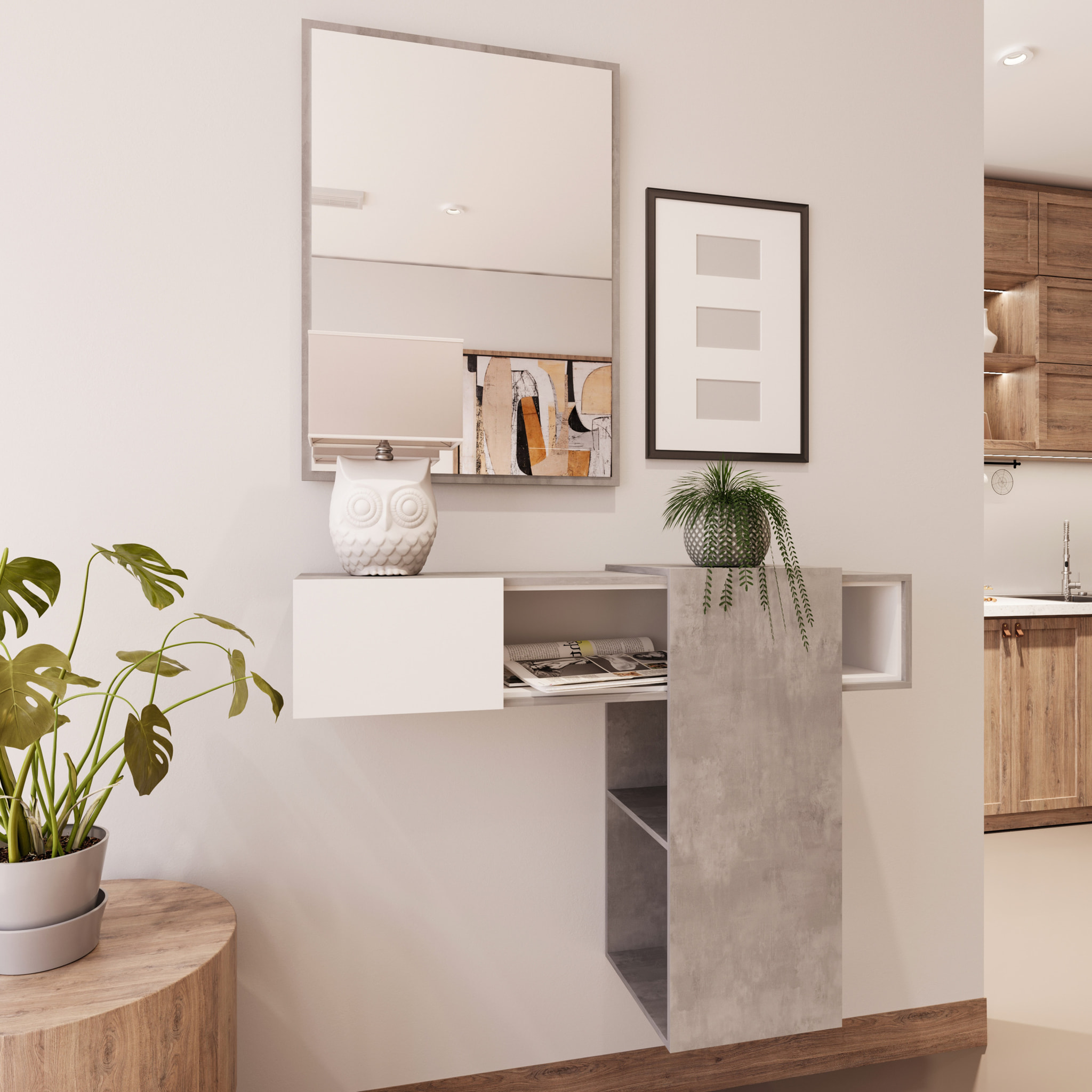Mobile Danzica Mobiletto da Ingresso Mensola Sospesa con Specchio E Ripiani Scorrevole Arredo Arredamento Sala 100 x 31.5 x 75 cm Bianco e Cemento