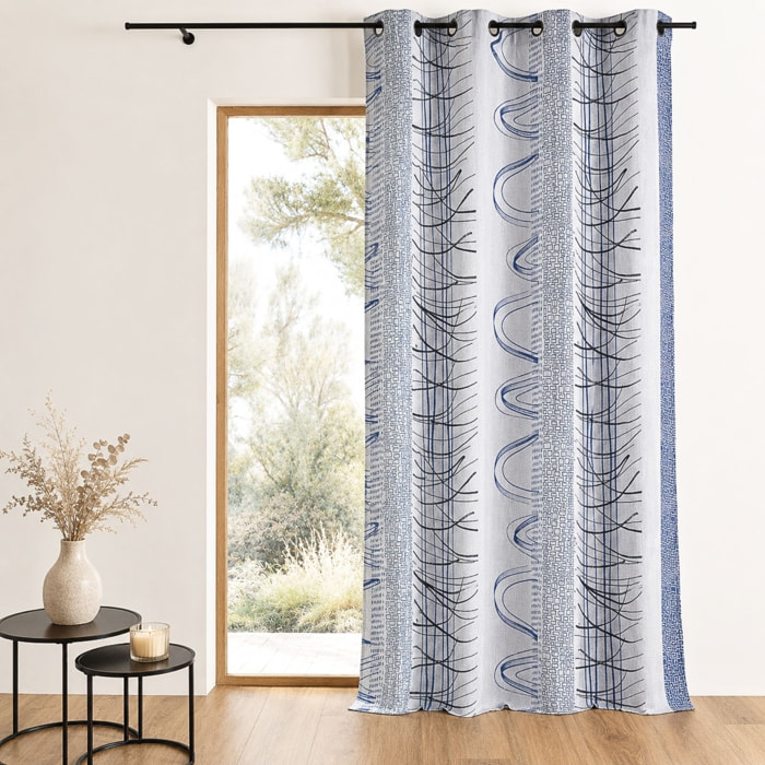 Rideau en jacquard à rayures verticales aux imprimés graphiques - Bleu