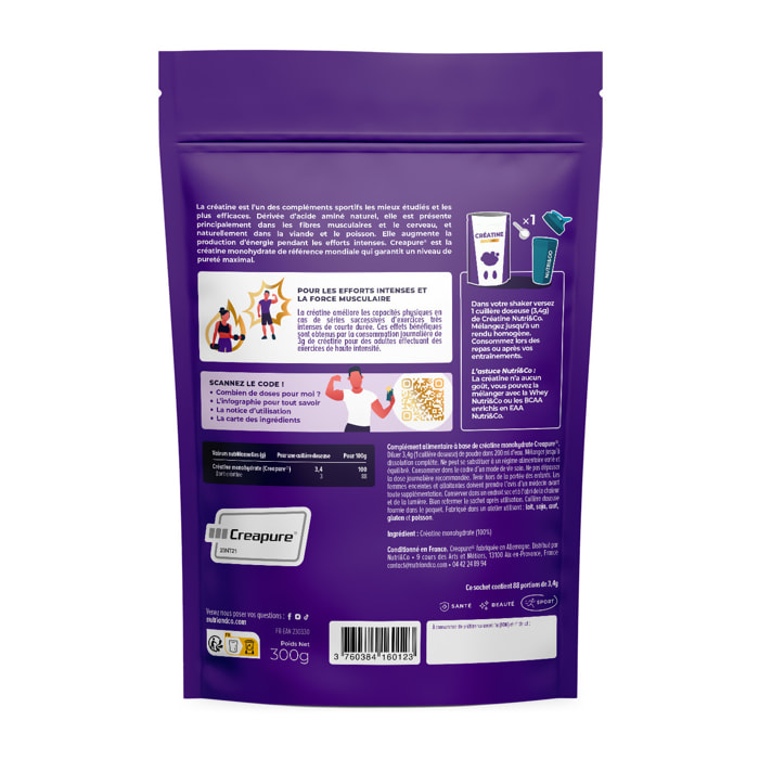 Nutri&Co Créatine Monohydrate Creapure® 100% Pure - Poudre 300g Goût Neutre