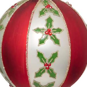 Boule verre décor houx D.8cm rouge et blanc