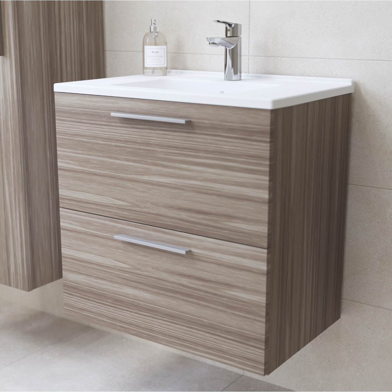 Set Mia ensemble meuble 59x61x39,5cm avec miroir, lavabo, éclairage LED + armoire 145x35x35cm, Cordoba