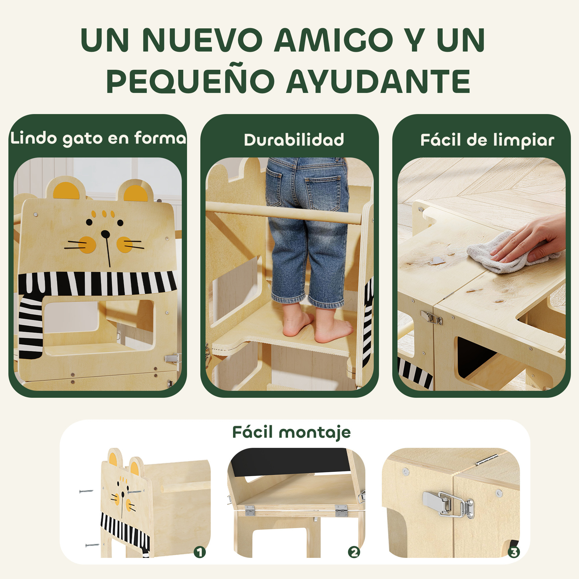 Torre de Aprendizaje 3 en 1 Plegable, Convertible en Escritorio y Silla, Taburete de Aprendizaje para Niños de 2-5 Años con Pizarra, Dibujos de Gatos, para Baño, Cocina, Natural