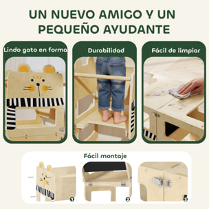 Torre de Aprendizaje 3 en 1 Plegable, Convertible en Escritorio y Silla, Taburete de Aprendizaje para Niños de 2-5 Años con Pizarra, Dibujos de Gatos, para Baño, Cocina, Natural