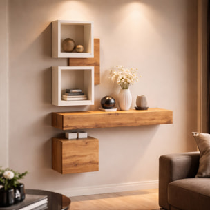 Mobile Ingresso Moderno Con Pensili A Giorno Mensole Sospese Con Cassetto E Anta Salvaspazio Design Nordico 100 x 170 x 30 Cm Bianco E Rovere