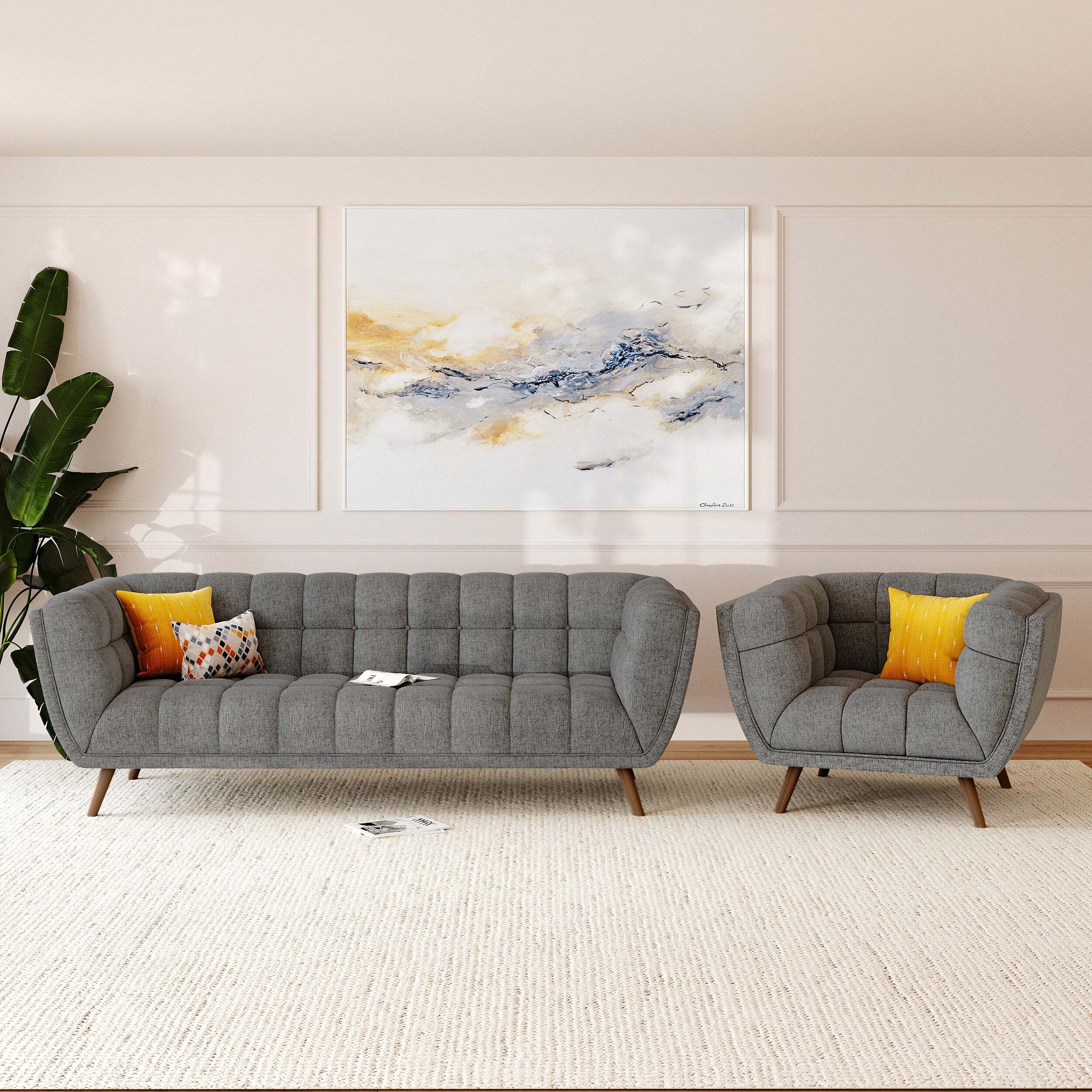 Fauteuil capitonné en tissu gris - Carmen