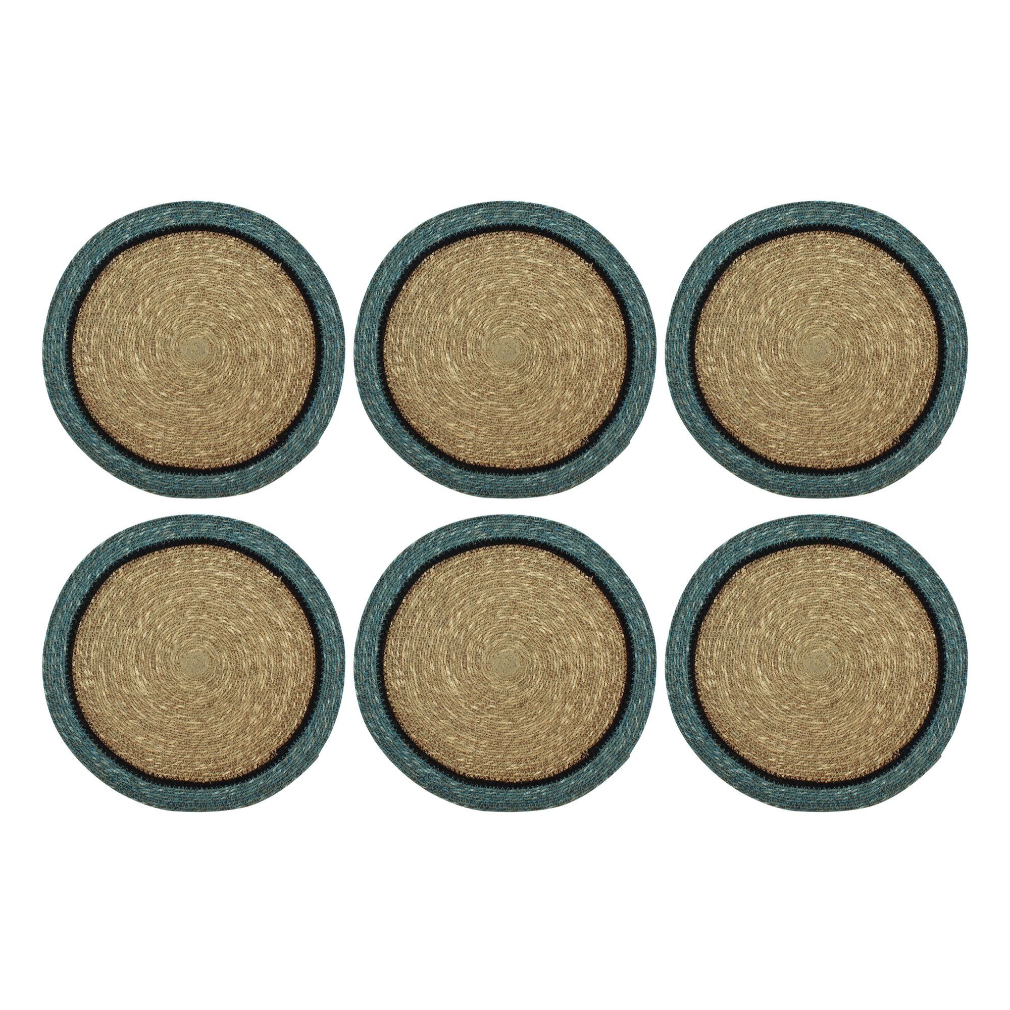 Lot de 6 sets de table en jonc de mer naturel et bleu d38cm IRIS
