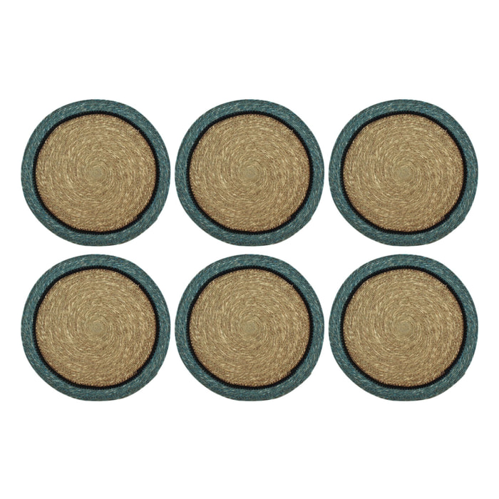 Lot de 6 sets de table en jonc de mer naturel et bleu d38cm IRIS