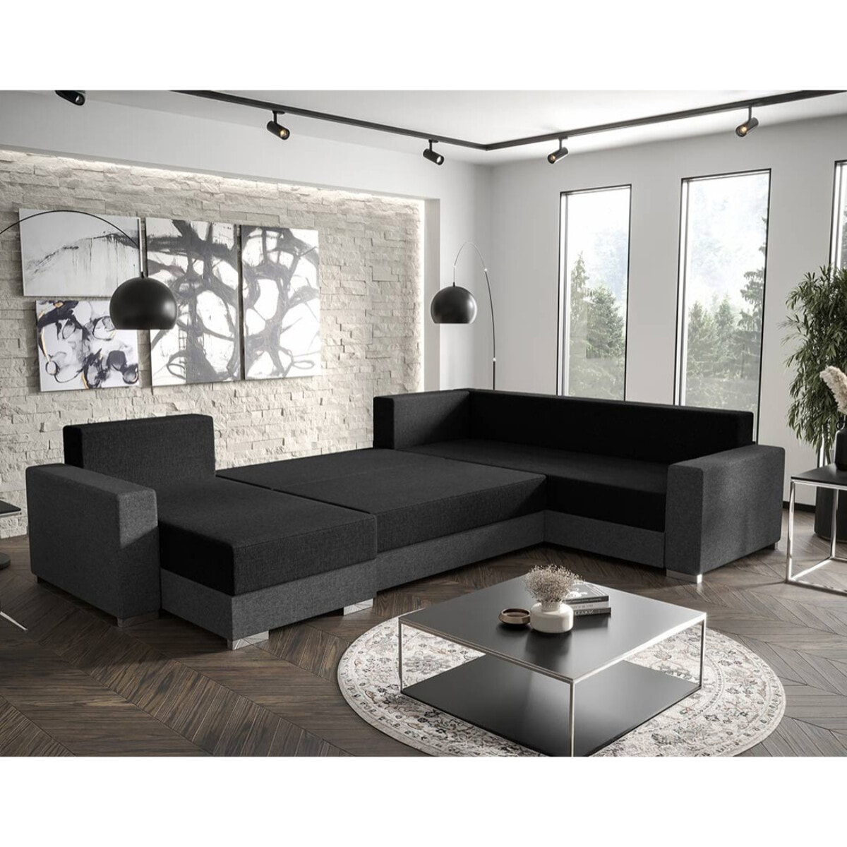 Epona - Canapé panoramique d'angle réversible 7 places convertible avec coffre en tissu - Noir / Gris
