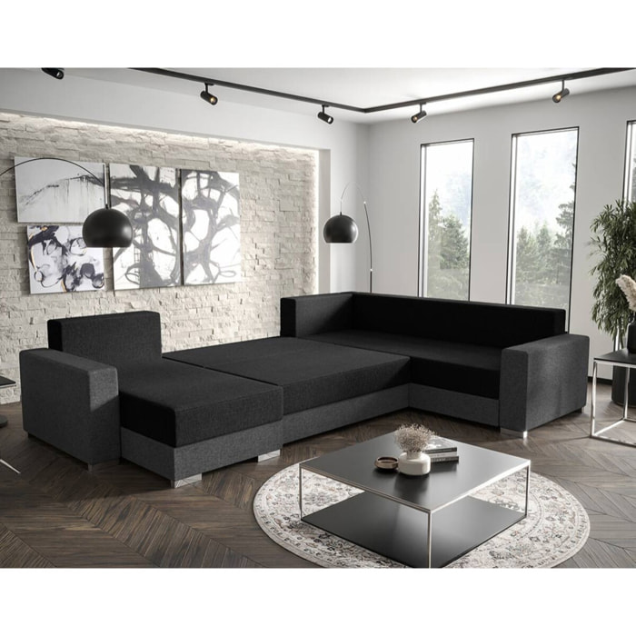 Epona - Canapé panoramique d'angle réversible 7 places convertible avec coffre en tissu - Noir / Gris