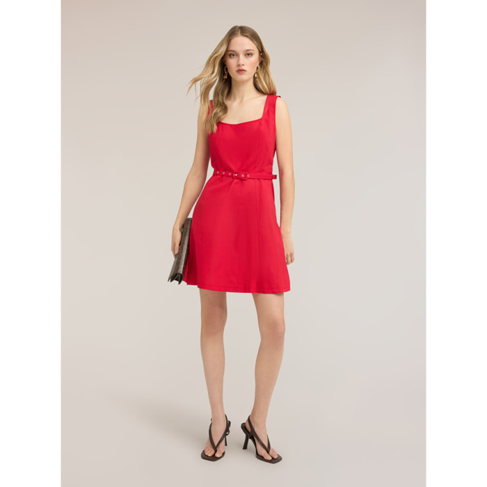 Motivi - Vestido corto de algodón con cinturón - Rojo