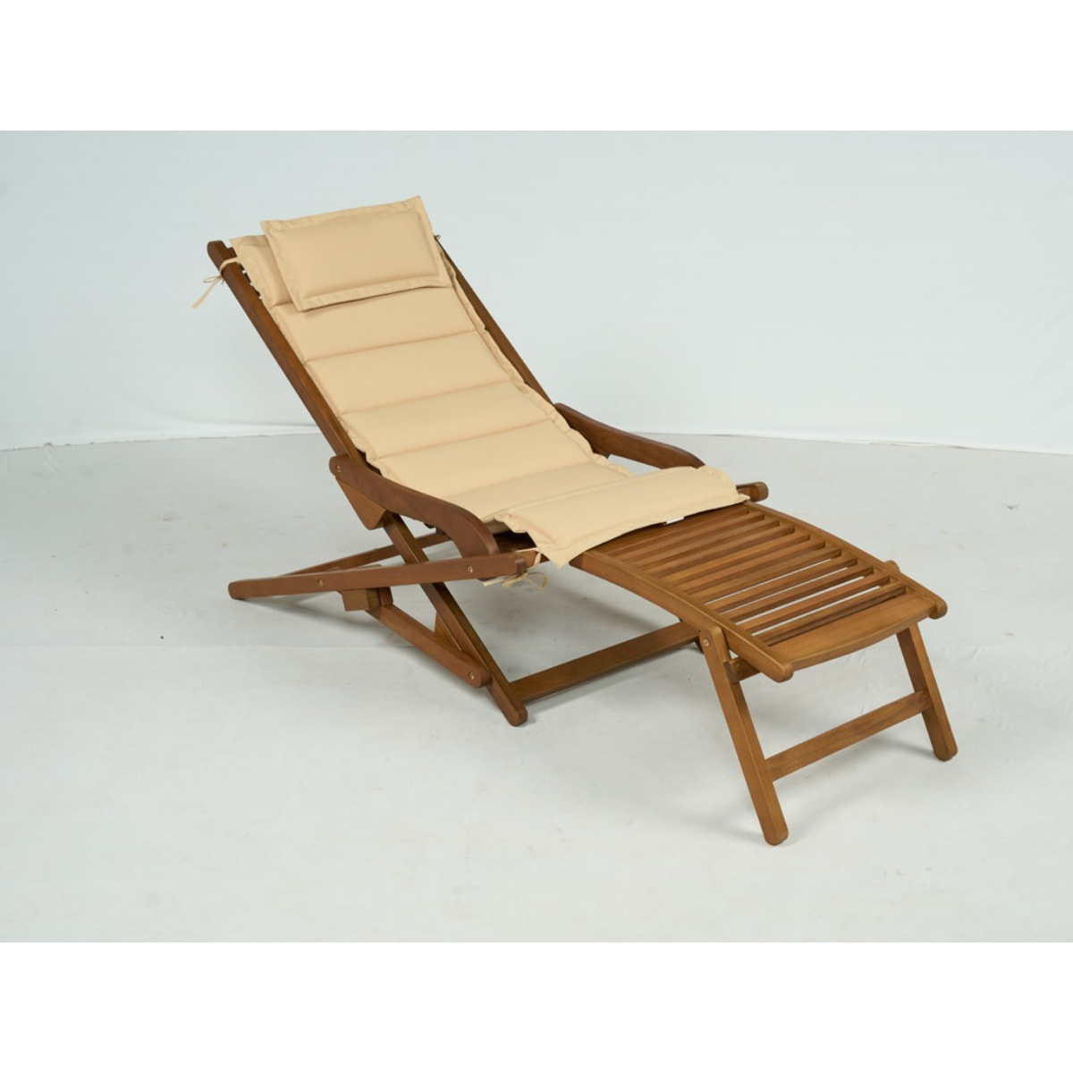 Tumbona Silla Plegable de Madera de Acacia, Silla de Jardín Exterior con Reposapiés Desmontable y Cojín con Reposacabezas, Carga 160 kg, para Terraza, Patio, Playa, 158x61x70 cm, Beige