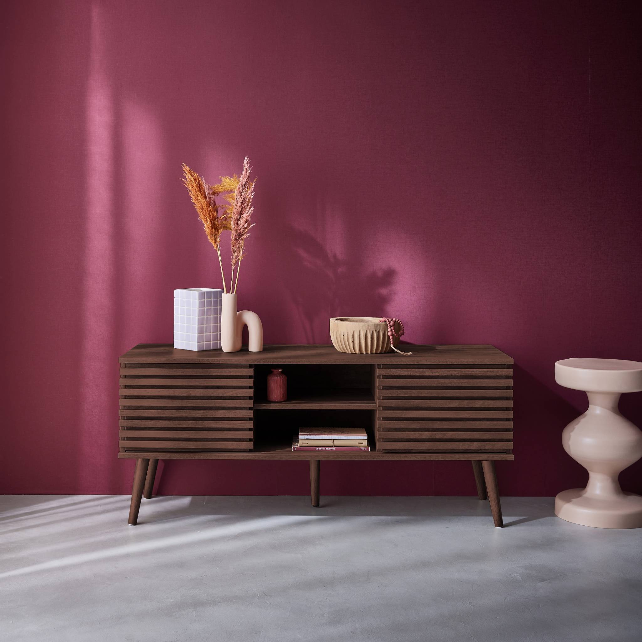 Meuble TV scandinave décor bois rainuré 2 portes 120cm MADERE