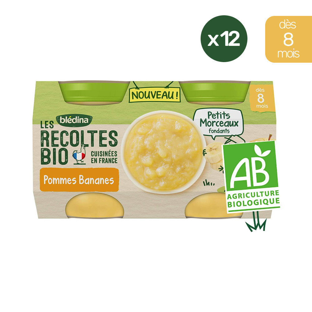 24 Petits Pots Pommes, Bananes Petits Morceaux 12x(2x130g) - Les Récoltes Bio Dès 8 Mois