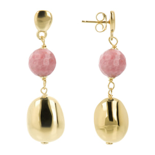 Orecchini Pendenti in Argento 925 placcato Oro Giallo 18Kt con Bead Lucida e Quarzite Rosa