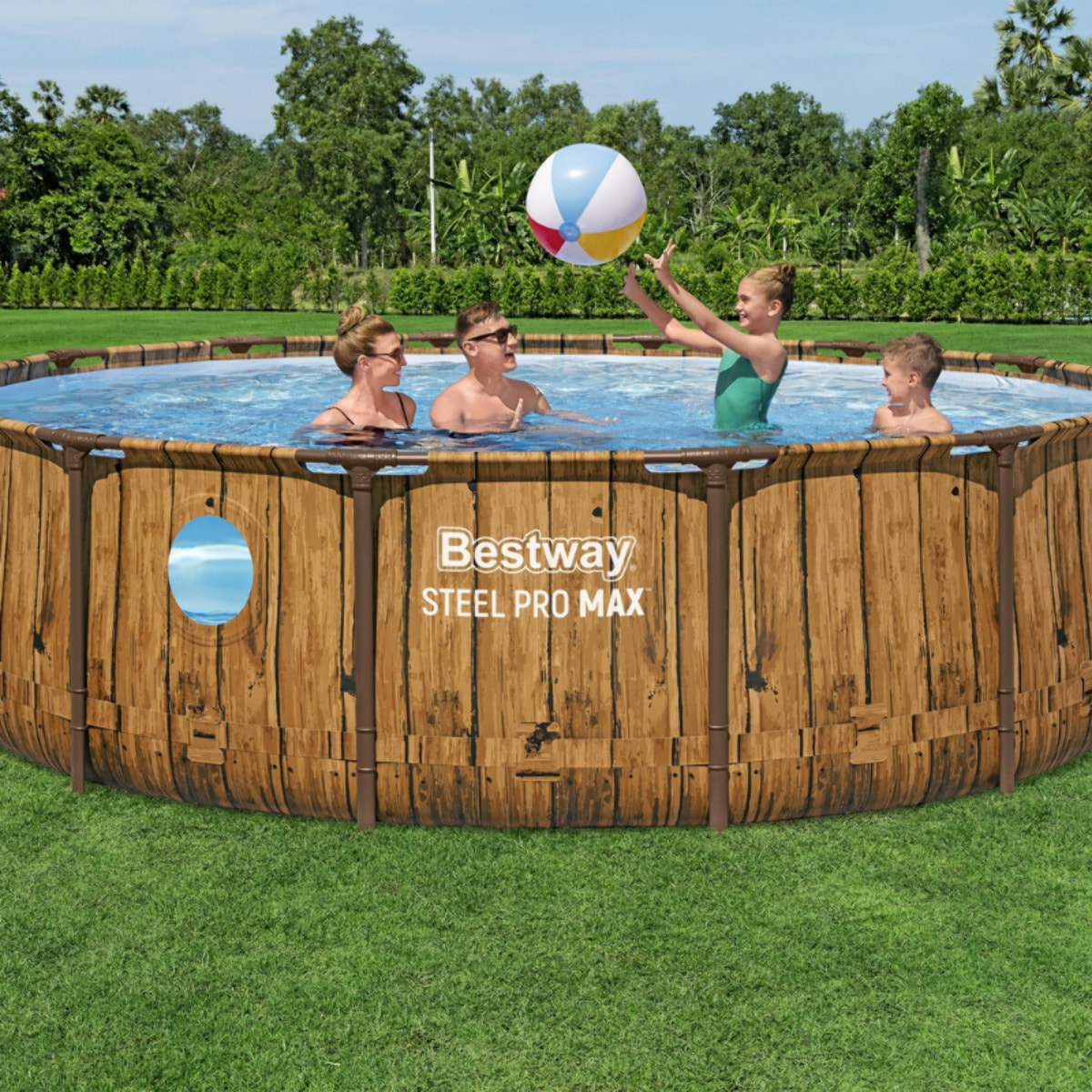 Bestway Piscine hors sol tubulaire ronde Bestway Steel Pro Max 427 x 107 cm Splashview décor bois