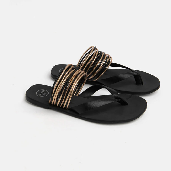 Infradito in vera pelle con stringhe oro - NERO/ORO