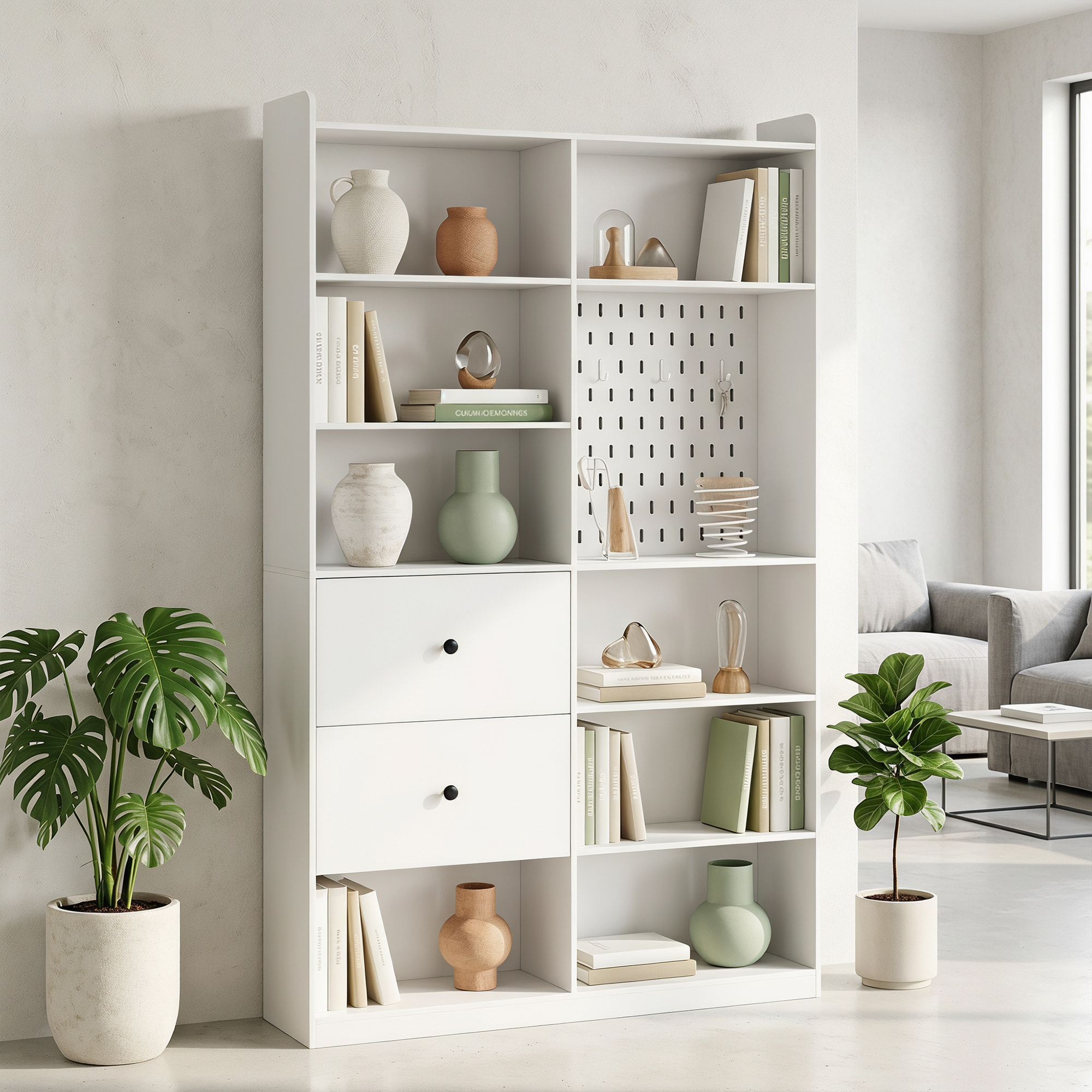 Estantería para Libros Alta y Estrecha, Librería de 6 Niveles con Panel Perforado, 2 Cajones, 8 Compartimentos Abiertos, Armario para Salón, Estudio, Oficina, 120x30x200 cm, Blanco