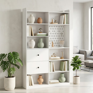 Estantería para Libros Alta y Estrecha, Librería de 6 Niveles con Panel Perforado, 2 Cajones, 8 Compartimentos Abiertos, Armario para Salón, Estudio, Oficina, 120x30x200 cm, Blanco