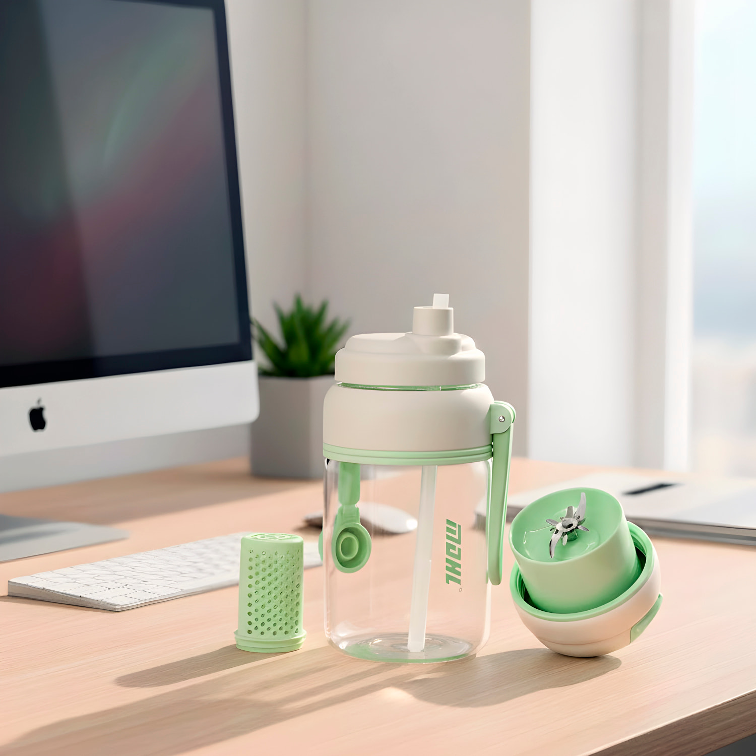 Batidora portátil de 1000 ml con motor de 80W, cuchilla de acero inoxidable de 18 puntas y batería recargable de 2400 mAh.