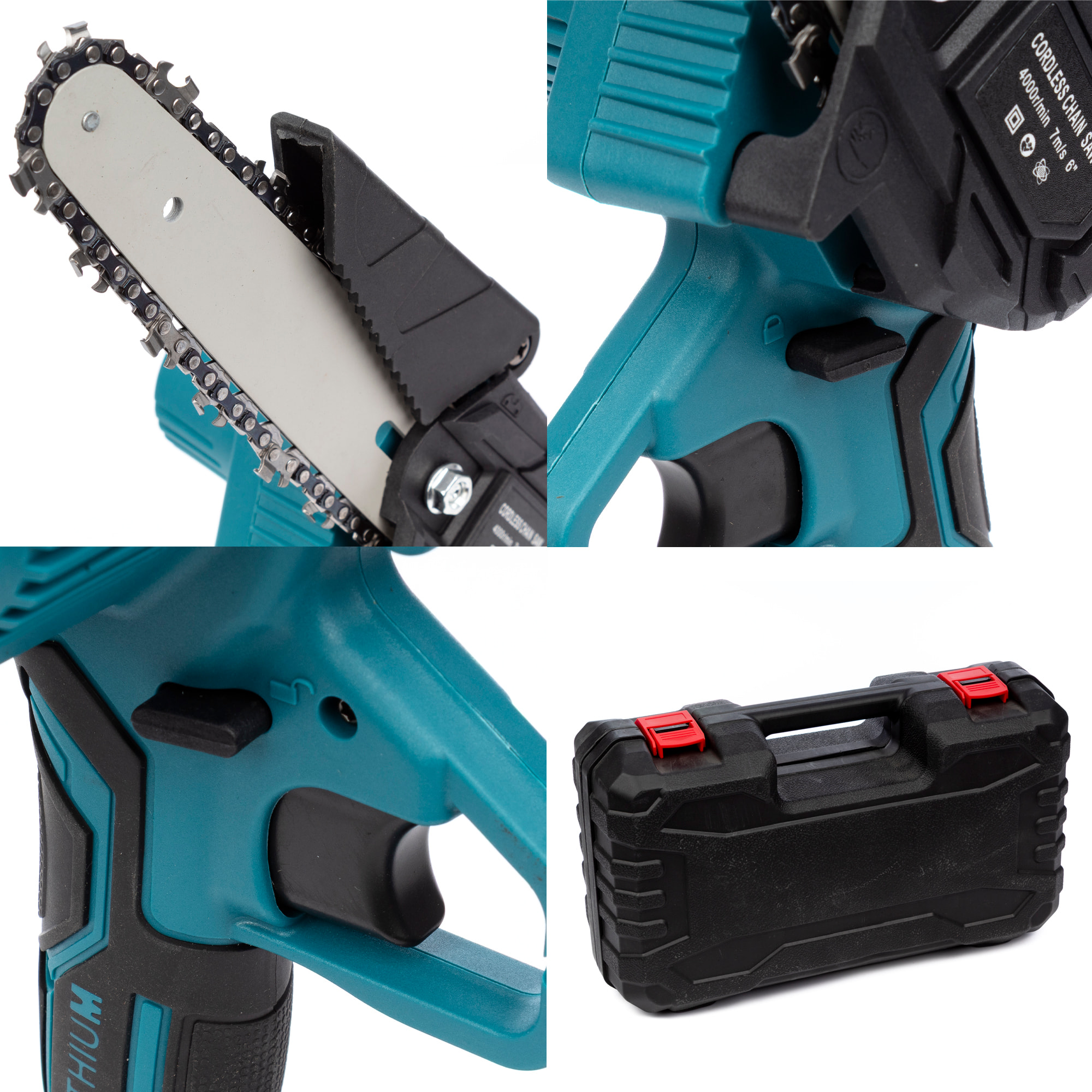 Mini motosierra inalámbrica 21V con hoja de 6 pulgadas, 2 baterías de 6500 mah y maletín de transporte.