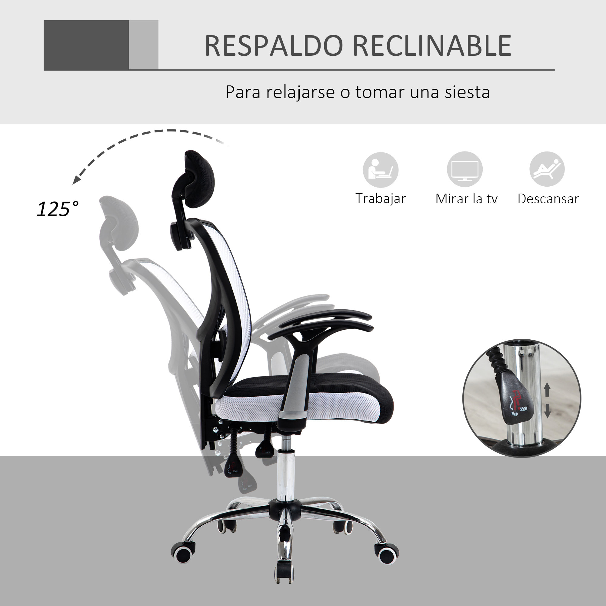 Vinsetto Silla de Oficina Ergonómica Silla Escritorio Giratoria con Altura Ajustable Función Reclinable Reposacabezas Regulable y Soporte Lumbar 65x67x108-118 cm Blanco