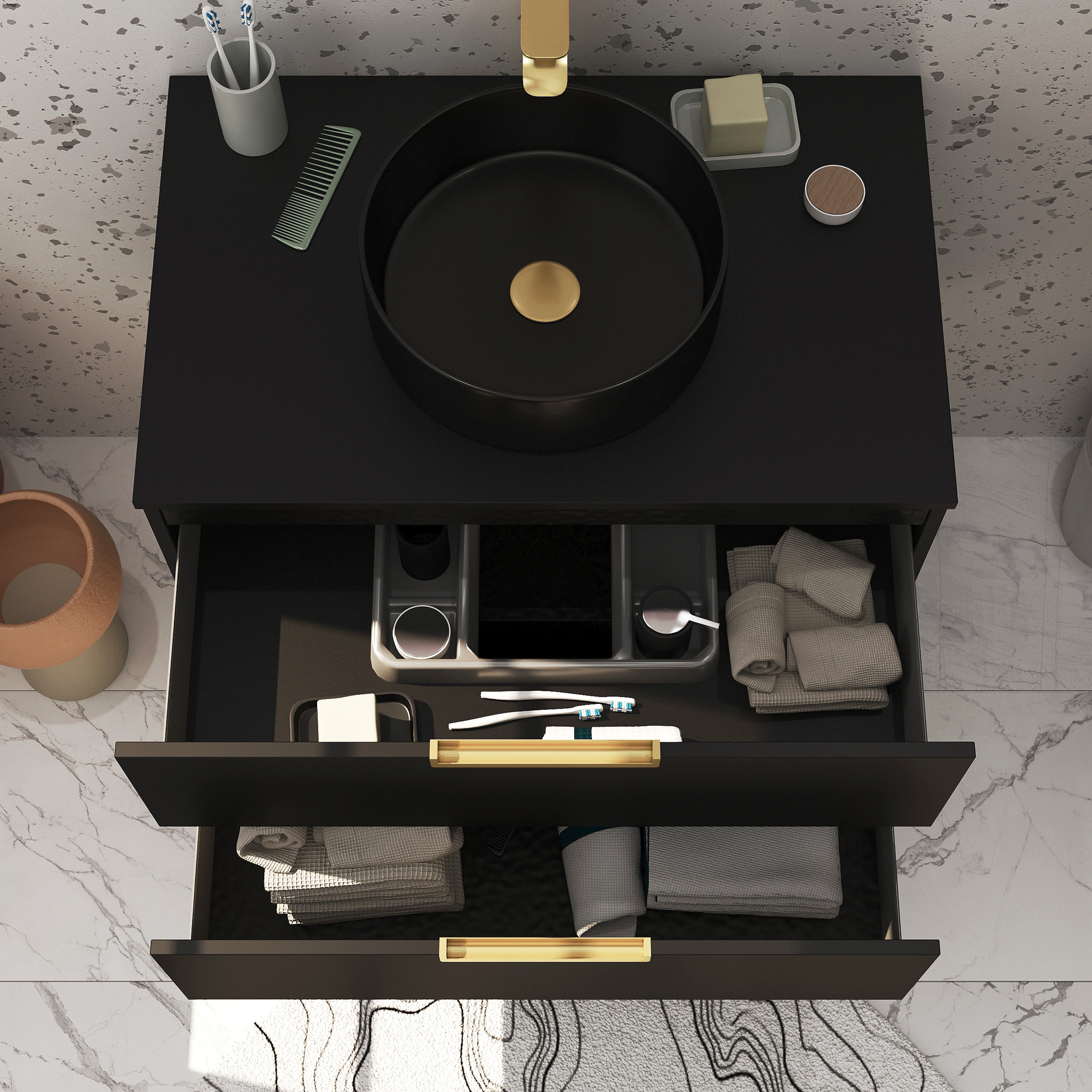 Meuble Salle de Bains 80cm Noir Mat et Or Doré 2 Tiroirs - Vasque Noire - Miroir & Applique Led