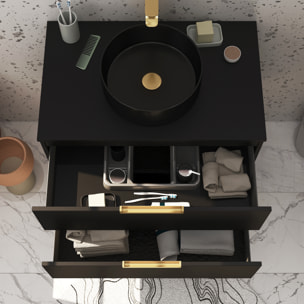Meuble Salle de Bains 80cm Noir Mat et Or Doré 2 Tiroirs - Vasque Noire - Miroir & Applique Led