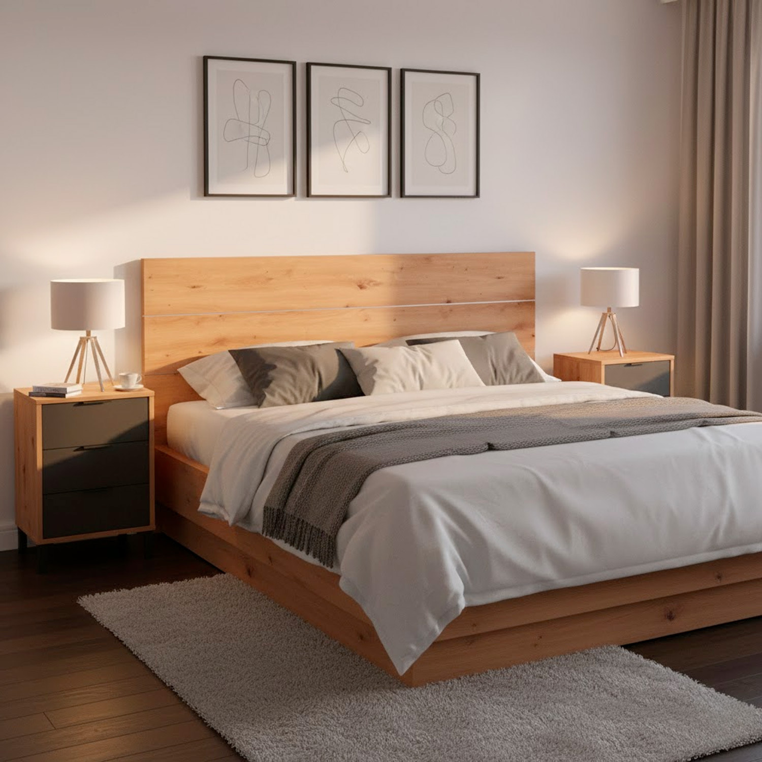 Set Testiera Letto Matrimoniale Con 2 Comodini Design Moderno Per Letti 135 E 150 cm Con Cassetti Camera Letto 60x160x2,5 Cm Rovere e Grigio Antracite