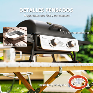 Barbacoa de Gas con 2 Quemadores de Acero Inoxidable 2,8 KW Barbacoa Portátil con Mesas Laterales Plegables Bandeja Extraíble y Termómetro para Pícnic Camping 101x48x41 cm Negro