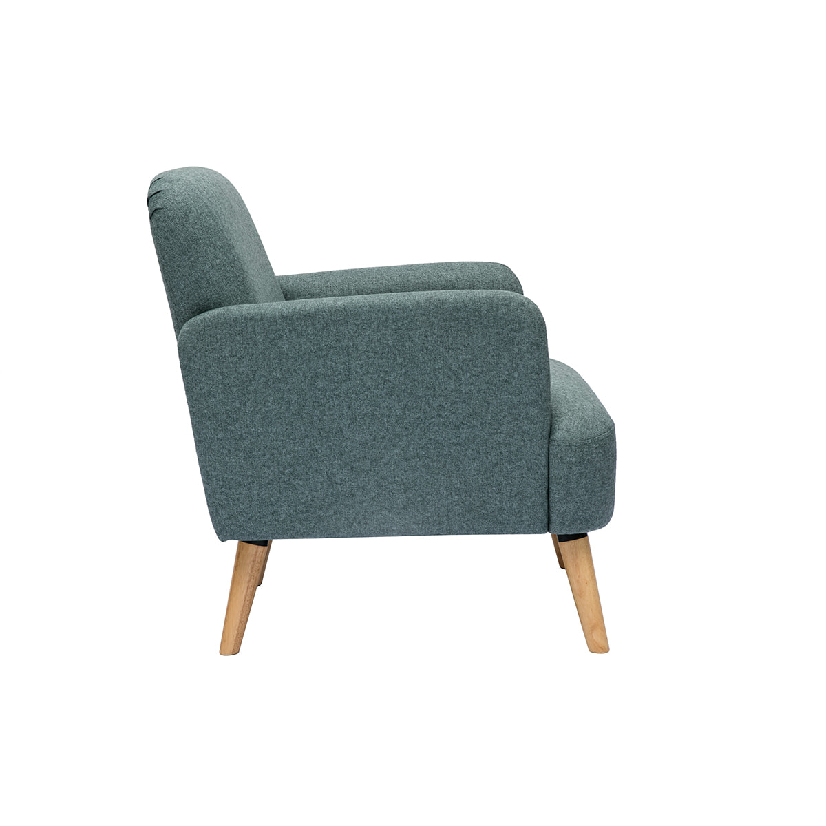 Fauteuil scandinave en tissu vert de gris et bois clair ISKO