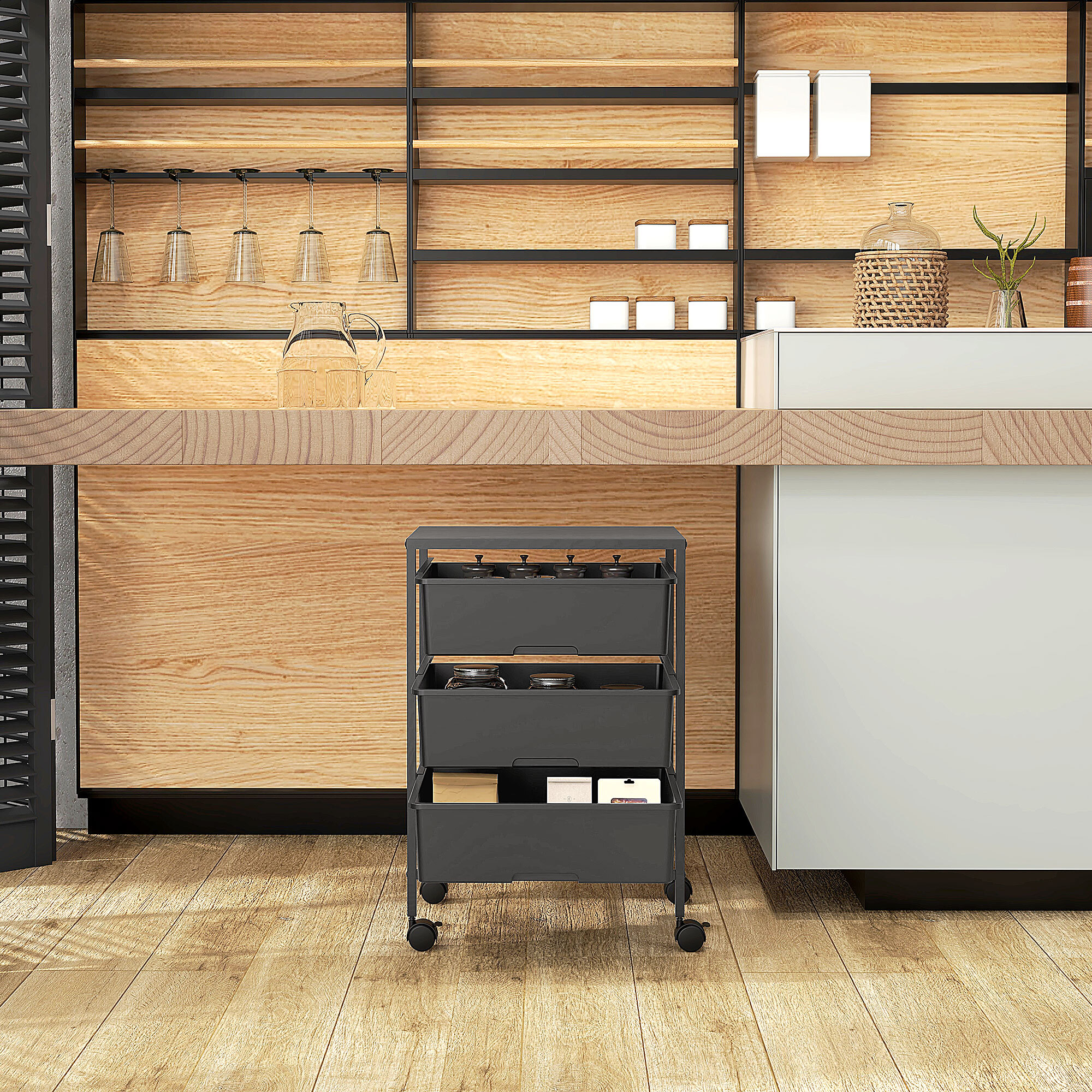 Carrito Auxiliar con Ruedas Carrito de Cocina de 3 Niveles con 3 Cestas para Almacenamiento y Marco de Acero para Comedor Sala Baño 40,8x33,5x60,5 cm Negro