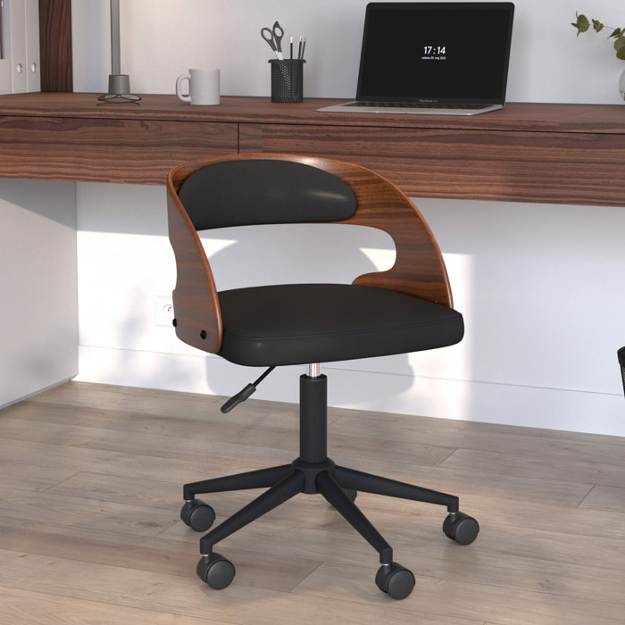 Chaise de bureau pivotante en bois foncé et PU noir - Louis