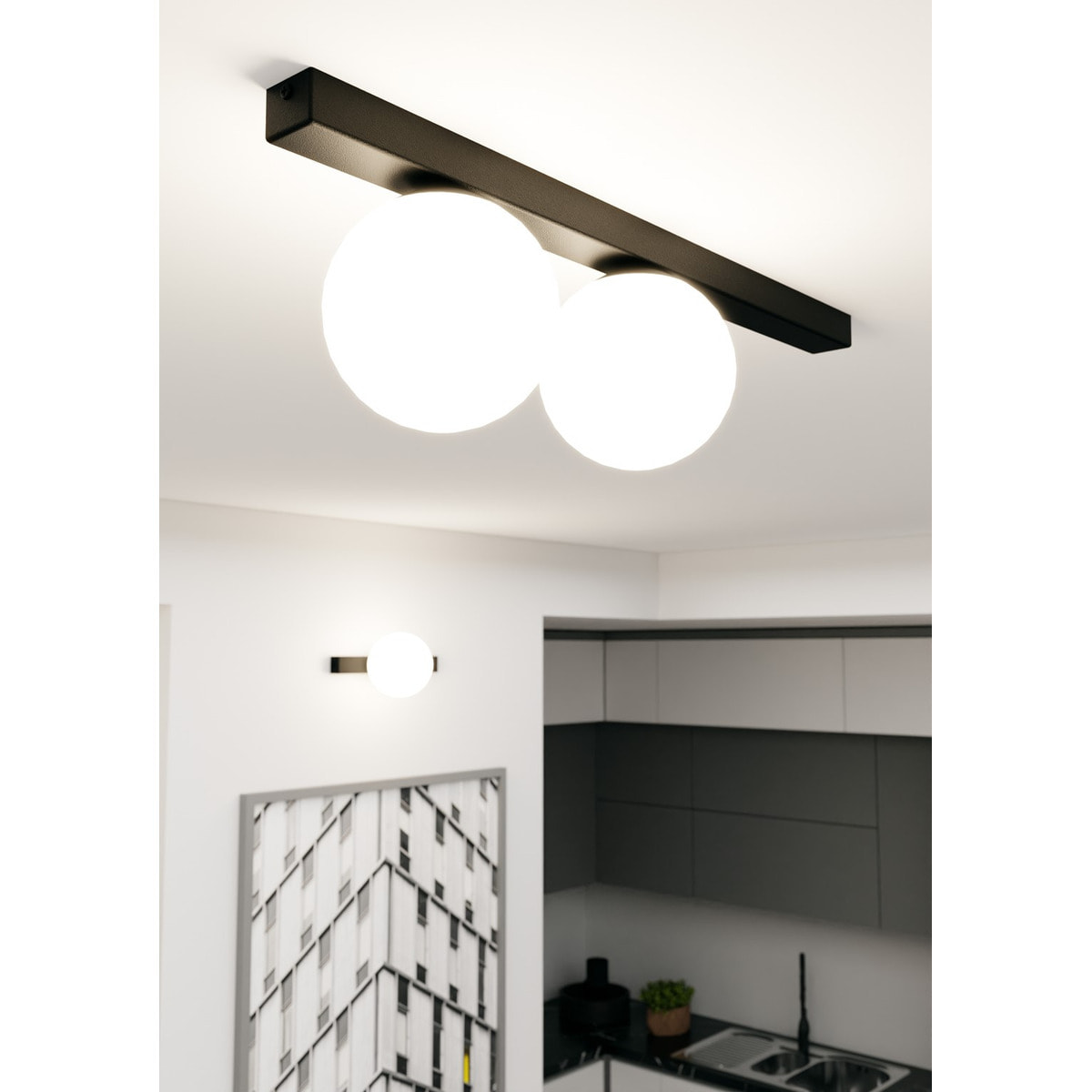 Lampada a parete FIT in acciaio nero opaco e vetro opalino