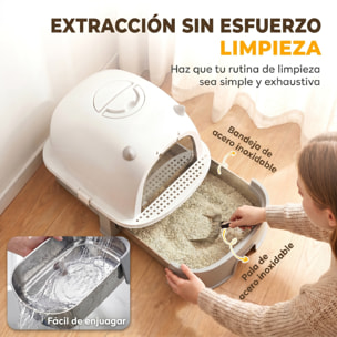 Arenero para Gatos, L, Caja de Arena para Gatos con Tapa Extraíble y Bandeja de Acero Inoxidable Extraíble, Pala, Filtros de Carbón, Fácil de Limpiar, Antifugas, Control de Olores, Gris