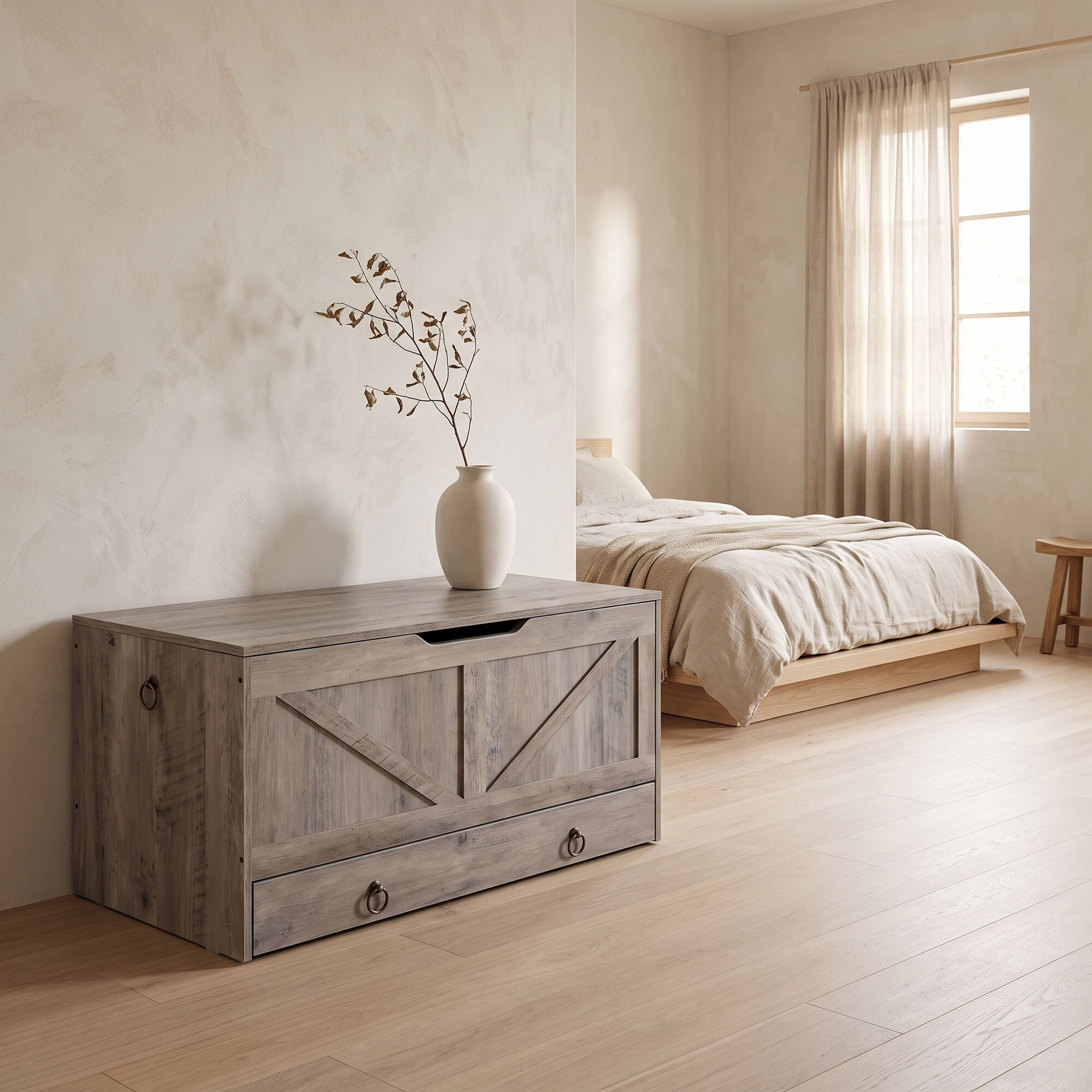 Kura - Cassapanca contenitore 100x50x40 cm Portaoggetti con Cerniere di Sicurezza e con Cassettiera in Legno Industrial