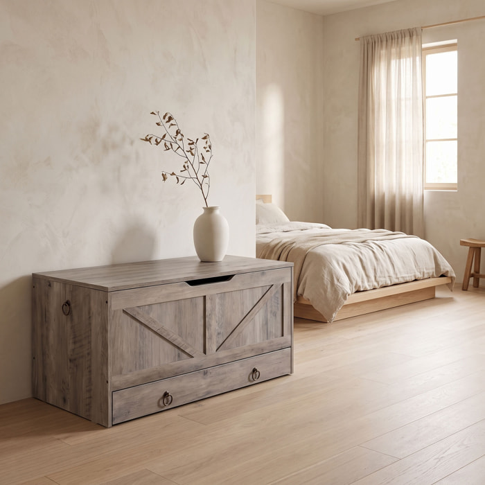 Kura - Cassapanca contenitore 100x50x40 cm Portaoggetti con Cerniere di Sicurezza e con Cassettiera in Legno Industrial
