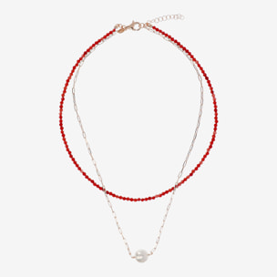 Doppia Collana Girocollo con Quarzite Rossa e Maglia Forzatina con Perla Ming Bianca Ø 11 mm in Argento 925 placcato Oro rosa 18Kt