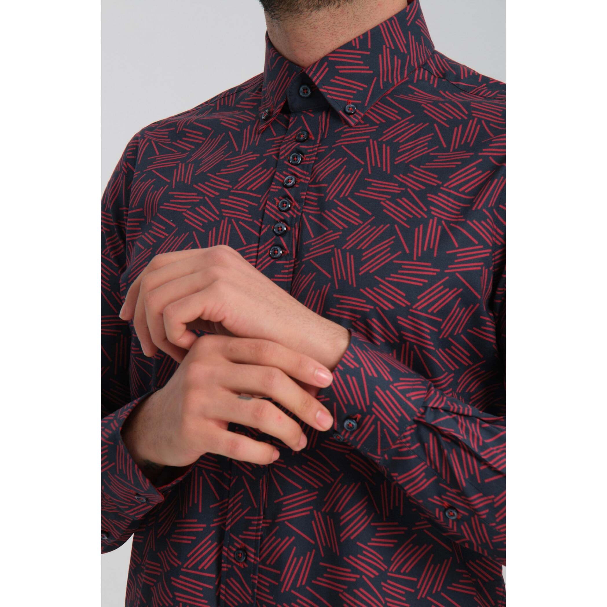 Camicia Uomo 1 Bottoni Button Down Slim Popeline Stretch Stampato Blu\Rosso