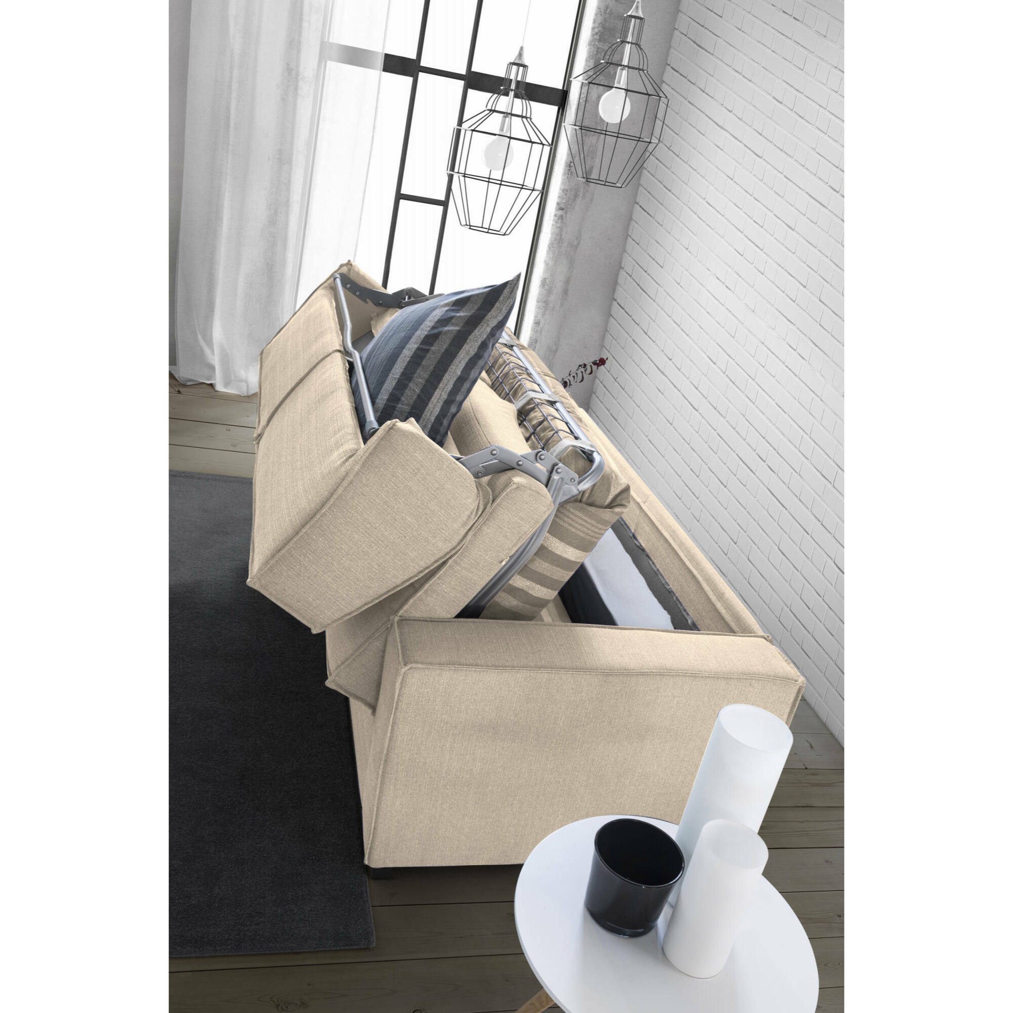 Divano letto con penisola Achico, Sofà apertura girevole, Penisola contenitore Destra, Braccioli standard, 100% Made in Italy, Cm 280x95h90, Beige