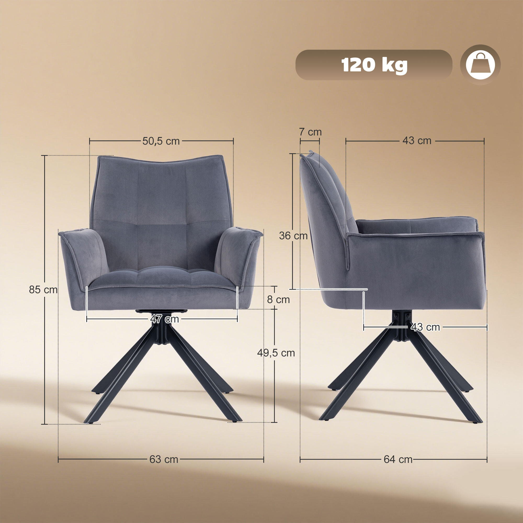 Juego de 2 Sillas de Comedor Giratorias 360°, Sillas de Cocina con Reposabrazos, Respaldo Acolchado, Tapizado en Terciopelo, Patas de Acero, para Oficina, Conferencia, Sala de Estar, Gris