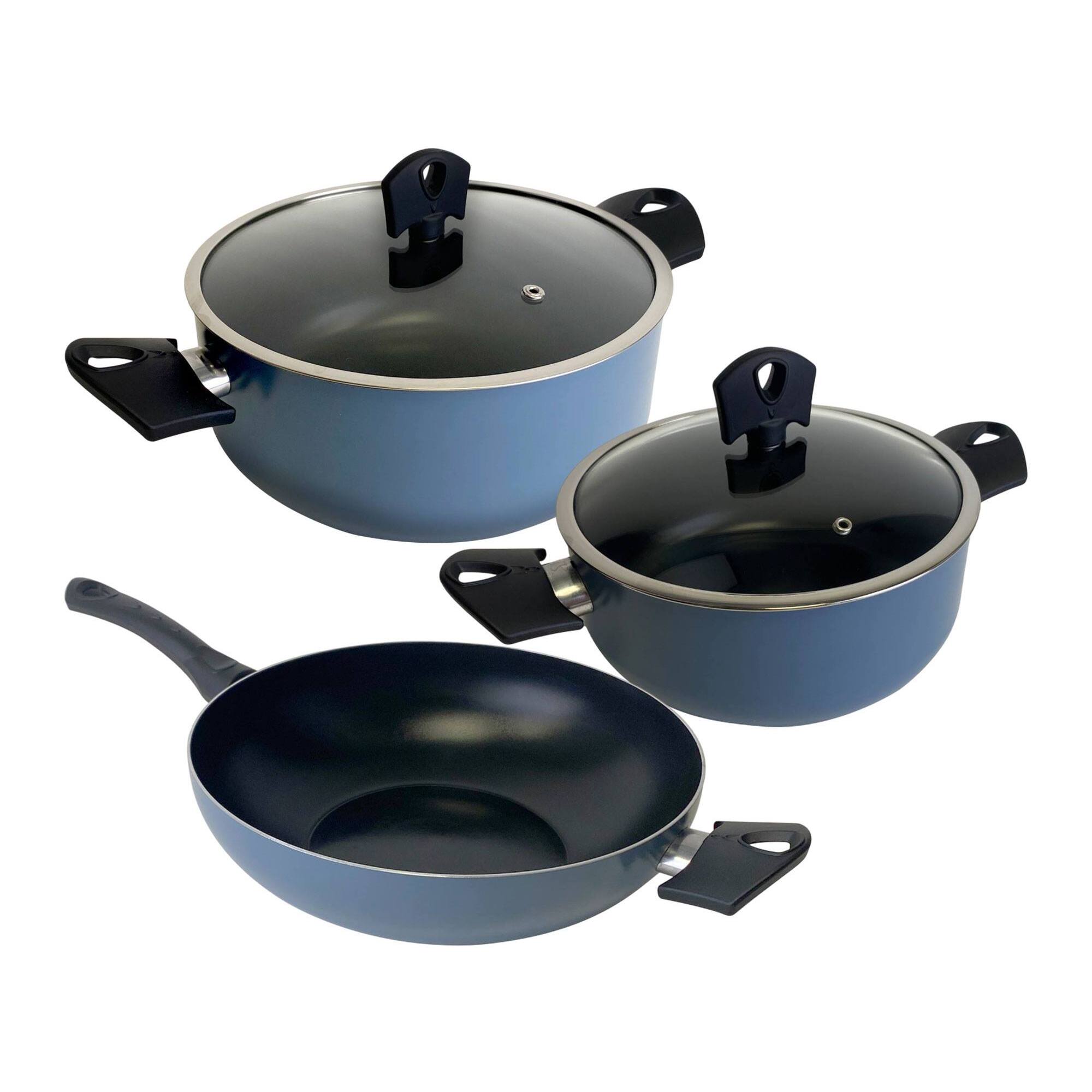 Juego de 2 Cacerolas de Ø20Ø24cm con tapa + Wok de Ø30cm en Aluminio prensado color Azul NOIA San Ignacio