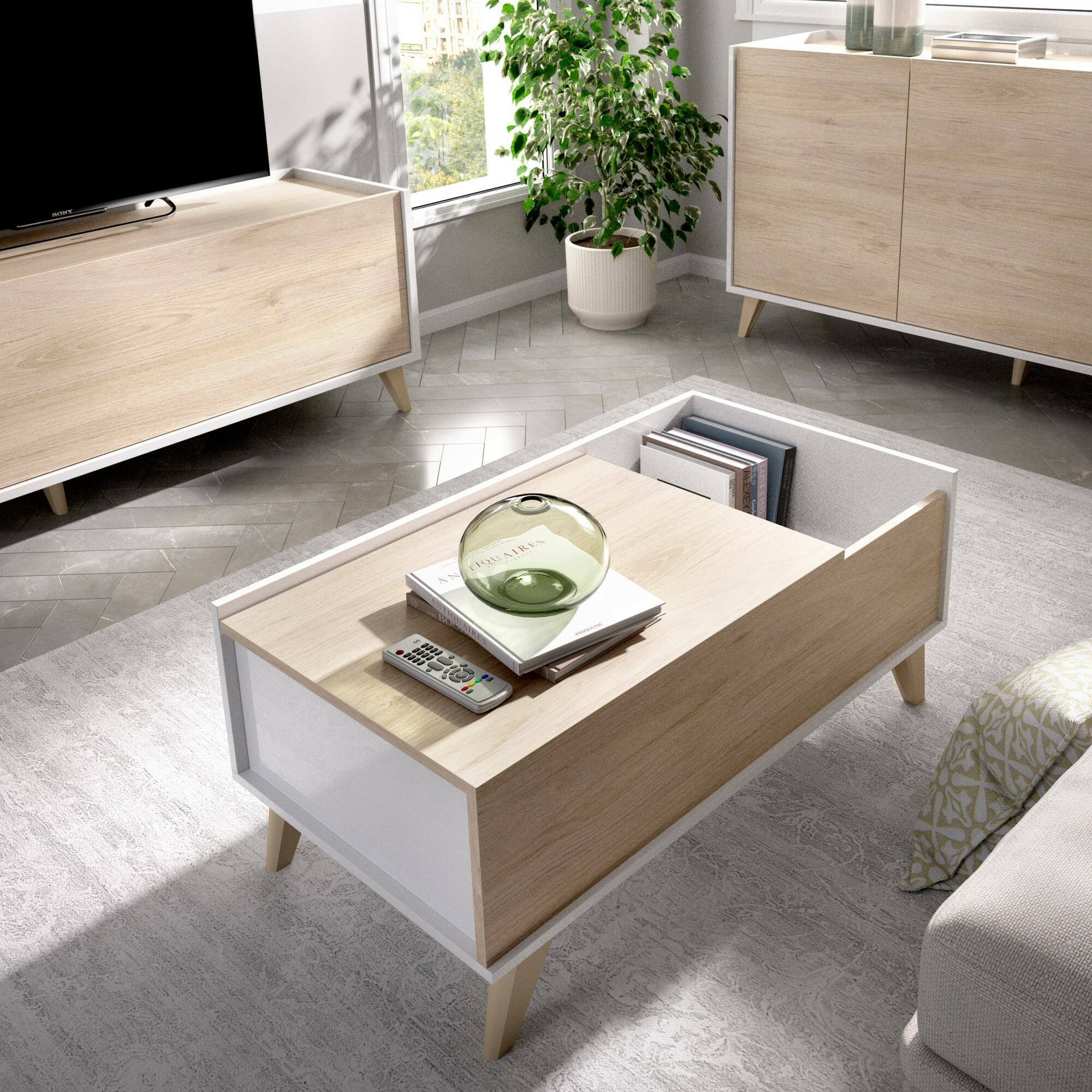 Tavolino da salotto Alexius, Porta riviste da soggiorno con vano portaoggetti, Tavolo basso da caffè elevabile, 99x60h41 cm, Rovere e Bianco